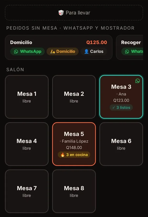 Celular del mesero con el mapa de mesas: libres, con pedidos en cocina y listas para entregar.