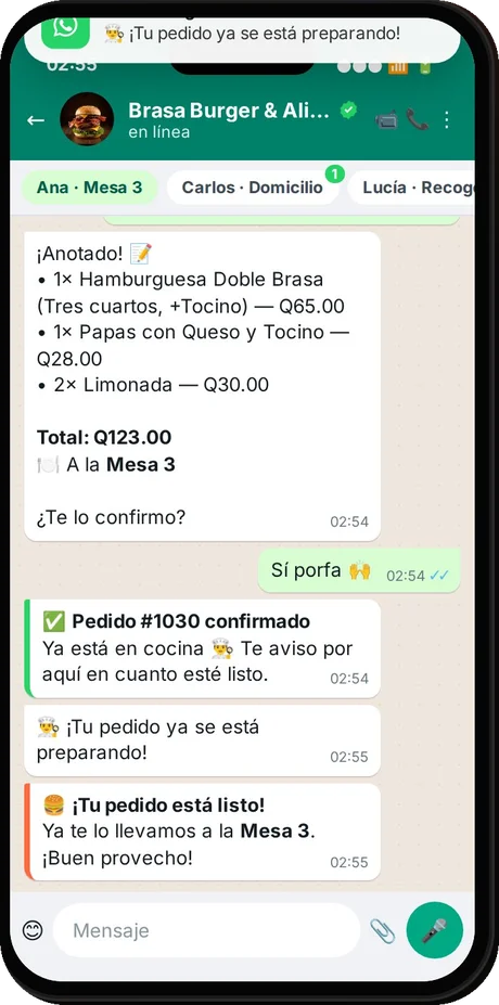 Cliente pidiendo por WhatsApp desde la Mesa 3